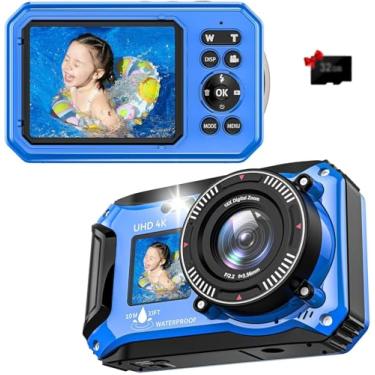 Imagem de Câmera digital – Câmera subaquática 4K 56MP 33FT UHD para snorkeling com cartão de 32 GB de tela dupla, compacta, à prova d'água, à prova de poeira, câmera flutuante – Câmera digital de foco