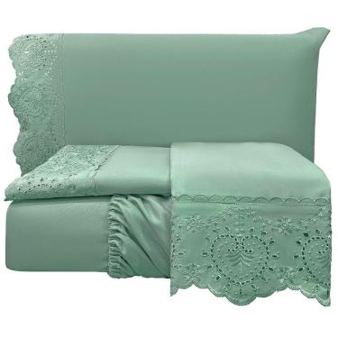Imagem de Jogo De Cama Lençol Casal Nupcial Percal 300 Fios 4 Peças Verde 100% Poliéster