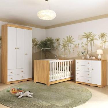 Imagem de Quarto de Bebê Completo com Berço Americano 3 em 1 Realeza Multimóveis Mp4591 Madeirado/branco