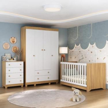 Imagem de Quarto de Bebê Completo com Berço Americano 3 em 1 Allegra Multimóveis Mp4586 Madeirado/branco