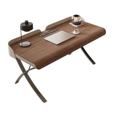 Imagem de Mesa de computador para escritório em casa Mesa de escritório moderna com acabamento em nogueira, pernas e gavetas metal formato X, estação trabalho para PC carregadores(M)