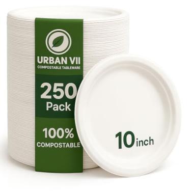 Imagem de URBAN VII Pratos de papel compostáveis de 25 cm [pacote com 250] – Pratos de bagaço descartável resistente (fibra de cana-de-açúcar), louça biodegradável ecológica, segura para micro-ondas e à prova