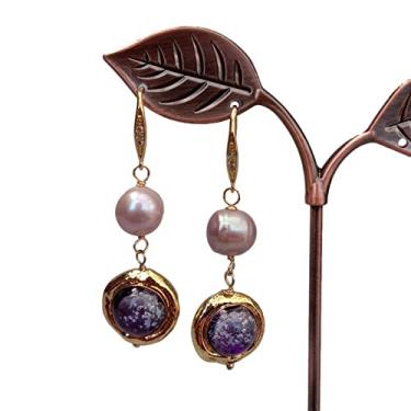 Imagem de Brincos de gancho de gota de vidro murano com pérola de batata roxa cultivada