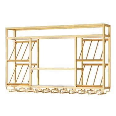 Imagem de Rack de exibição de vinho montado na parede, prateleiras de barra de 3 níveis para garrafas de bebidas, prateleira de vinho de metal com suporte de vidro, prateleira de bebidas com compartimentos para