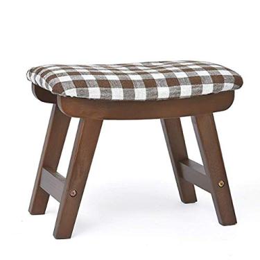 Imagem de Banqueta baixa de madeira, pufe acolchoado côncavo para descanso dos pés com capa de linho removível, banquinho estofado para pés para sala de estar, quarto, verde, 38,5 x 25,5 x 29 cm/xadrez B/38,5 x