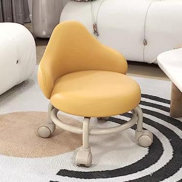 Imagem de Banqueta baixa de polia de couro PU, roda universal, redonda, pequena e preguiçosa, com encosto, banqueta móvel para casa, escritório com rodas, bancos baixos confortáveis