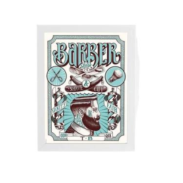 Imagem de Quadro Barbearia Barber Retro Azul Moldura Branca 60X40Cm - Plimshop