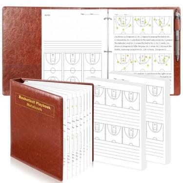 Imagem de HKSZEH Caderno de couro PU 21,6 x 28 cm para treinador de basquete, caderno de 63 páginas, diário de treinador de basquete, vermelho, marrom, planejador de prática de basquete, acessórios para