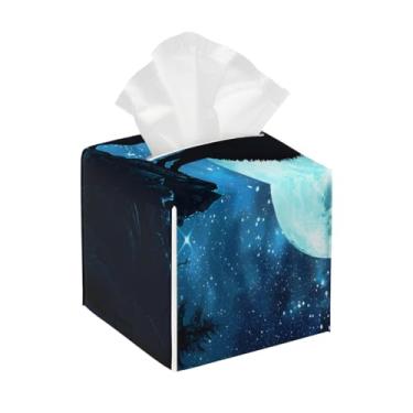 Imagem de Porta-lenços de couro quadrado à prova d'água lobo lua animal floresta organizador de papel facial com cinto inferior cubo estojo de tecido para mesa banheiro escritório mesa carro decorativo