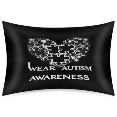 Imagem de Fronha Queen Size de cetim de seda para cabelo e pele, macia, antiderrapante, refrescante, preta, autismo, coração, com fecho de envelope para dormir, mulheres, homens, crianças, 50 x 76 cm, 1 peça