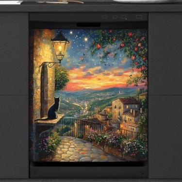 Imagem de Capa magnética para lava-louças, paisagem de gato, lindas capas magnéticas para decoração de lava-louças, capa magnética para porta de lava-louças, decalque para cozinha, eletrodomésticos, decorativo