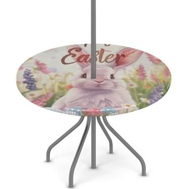 Imagem de hongjinglin Toalha de mesa de Páscoa para uso ao ar livre com orifício para guarda-chuva, toalha de mesa redonda elástica com zíper, impermeável, limpável, para piquenique, festa, pátio, serve para