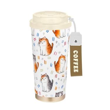 Imagem de SEHANY Caneca de viagem de gato gatinho fofo de 482 g xícaras de café reutilizáveis revestidas de cerâmica com tampa à prova de vazamento, parede dupla, isolamento a vácuo, copo de café de aço