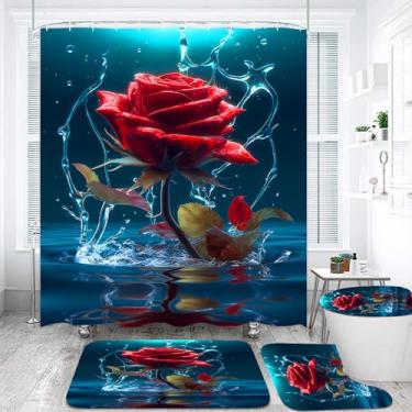 Imagem de Jirown Conjunto de 4 peças de cortina de chuveiro rosa vermelha, tapetes antiderrapantes, tapete de banheiro em forma de U, preto e vermelho, cortina de chuveiro com 12 ganchos, conjunto de decoração