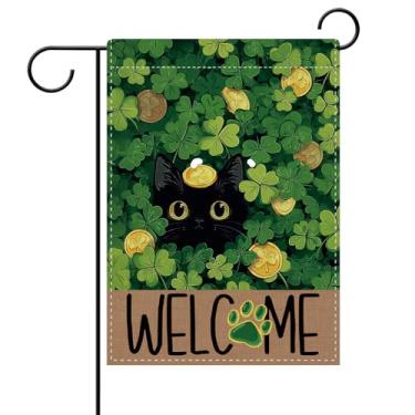 Imagem de Dyrenson Welcome St Patricks Day Black Cat Decorative Garden Flag, Lucky Shamrock Clover Yard Outside Home Decoration Pet Owner Lover Gift, Irish Spring Gold Outdoor Small Decor Dupla Face 12 x 18
