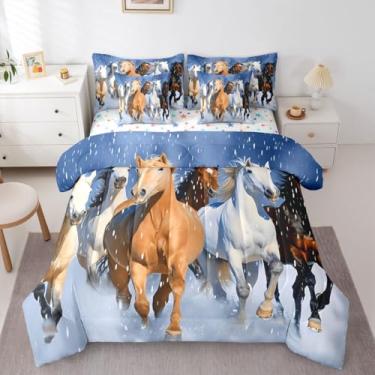 Imagem de Feelyou Jogo de cama com estampa 3D de cavalo galopante, marrom, 7 peças, para crianças, meninos, meninas, azul, macio e leve
