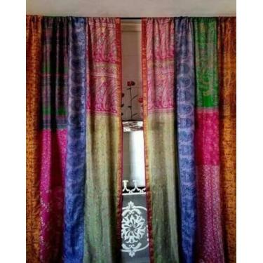 Imagem de Cortinas de patchwork feitas à mão boho feitas à mão de seda de sari indiano reciclado, par de sari indiano vintage de mistura de seda para sala de estar, quarto, 203 x 42 polegadas (2 peças de cores
