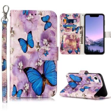 Imagem de JanCalm Capa carteira com estampa floral para iPhone 16e, alça de pulso, capa com compartimentos para cartões, suporte, proteção de couro PU, capas fofas para mulheres e meninas (borboleta)