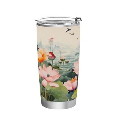 Imagem de Wassud Copo de pintura de flores de lótus de 340 g com tampa e canudo de aço inoxidável com parede dupla copo isolado para viagem caneca de café para bebidas frias e quentes