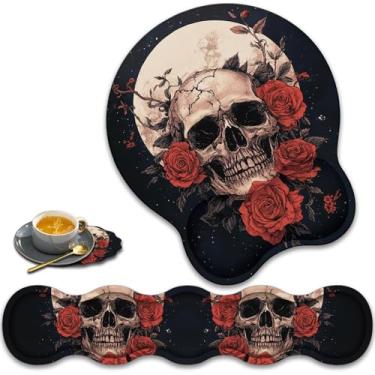 Imagem de Almofada de descanso de pulso para teclado + suporte para descanso de pulso + conjunto de porta-copos em forma de renda. Tapete de mouse antiderrapante para alívio ergonômico da dor no pulso para casa