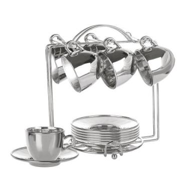 Imagem de Jogo 6 Xícaras De Vidro 85ml Com Suporte Dourado E Pires - Hauskraft