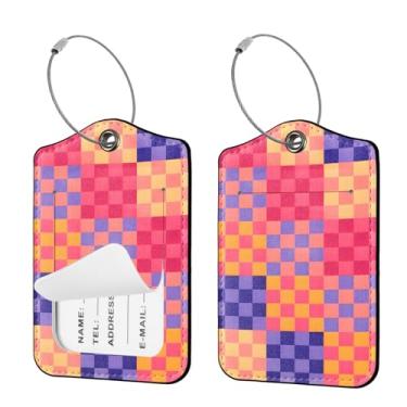 Imagem de Seorsok 2 etiquetas de viagem de bagagem para malas, etiqueta de nome de couro PU quadriculada colorida retrô com capa de privacidade, cartão de identificação e anel de metal durável adequado para
