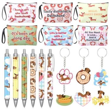 Imagem de Gilprop Conjunto de 18 peças de presentes de dachshund inclui bolsas de maquiagem inspiradoras de Natal, canetas esferográficas fofas, chaveiros fofos, presente para amantes de dachshund, presente
