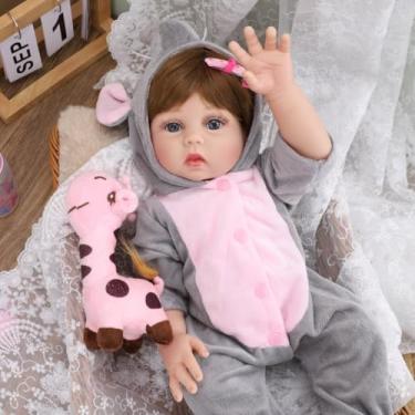 Imagem de Bebê Reborn Boneca Realista Menina Corpo de Silicone Pode Dar Banho 48cm com Acessórios Presentes para Meninas (Cinza Rosa)