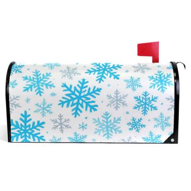 Imagem de TSENQUE Capas de caixa de correio magnéticas decorativas de primavera envoltórios de vinil azul cinza flocos de neve branco moderno caixa de correio decorações tamanho padrão 52,6 x 45,8 cm