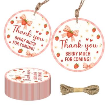 Imagem de 50 peças de etiquetas Thank You Berry Muit, etiquetas de agradecimento de frutas florais de morango com cordão, etiquetas de presente redondas para chá de bebê, lembrancinhas de festa de aniversário