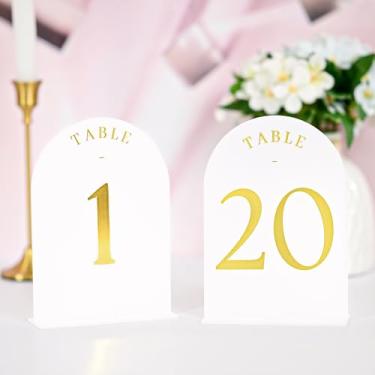 Imagem de Teruntrue Números de mesa de casamento em arco fosco 1-20 com suportes, placas de mesa de acrílico impressas em folha dourada 14 x 18 cm para recepção, aniversário, evento - expositores elegantes de
