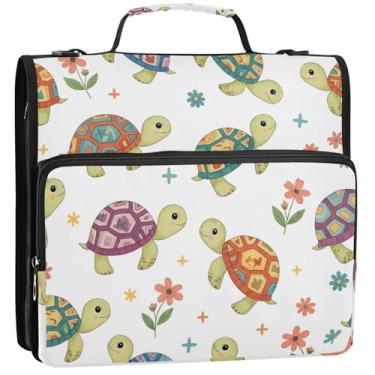 Imagem de Organizador de fichário com zíper, tartarugas fofas, 3 anéis, anel D, bolsa para fichários escolares de desenho animado com alça de ombro, estojo portfólio de armazenamento com alça, 34,5 x 31,5 x 8,9