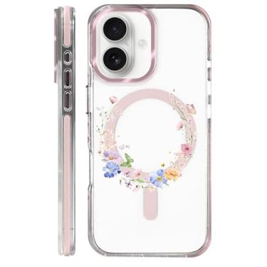 Imagem de casesok Capa para iPhone 16 compatível com Magsafe, design estético claro bonito para meninas e mulheres, capa rígida protetora antiqueda para iPhone 16 - Anel de borboleta com flores pastel