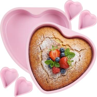 Imagem de Nuogo Conjunto de 6 formas de bolo em forma de coração, aço carbono, 20 cm, antiaderente, para assar coração, para dia dos namorados, casamentos, lembrancinhas de festa de aniversário, rosa. Pode ser