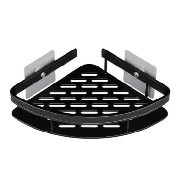 Imagem de Suporte de Canto em Metal para Banheiro, Prateleira Preta com Ganchos, Instalação Sem Furo, 28 cm x 22 cm x 5,5 cm