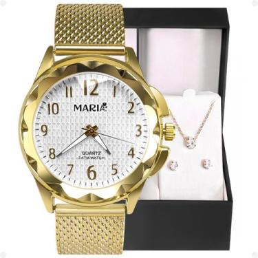 Imagem de Kit Relógio Feminino Analógico Dourado Mostrador Preto com Colar e Bri