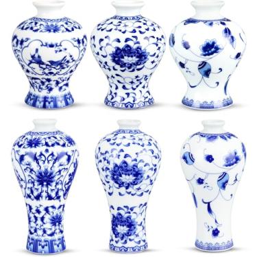 Imagem de LemonRoad 6 peças de vasos de porcelana azul e branco 14 cm de altura, mini chinoiserie clássico, vaso de flores de cerâmica para decoração de casa, escritório, festa, decoração e eventos (elegante)