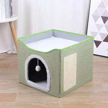 Imagem de Casinha Dobrável para Gatos com Arranhador de Sisal e Brinquedo Suspenso – Conforto e Diversão(VERDE-2)