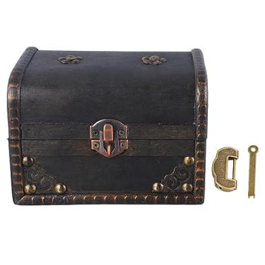 Imagem de Caixa de bugigangas vintage de madeira Organizador de armazenamento de joias Baú de tesouro com fechadura para decoração de escritório doméstico Cofre de grãos feitos à mão