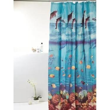 Imagem de Cortina Box PVC Fundo do Mar, Azul, 198x180cm, Tema Oceano com Golfinhos e Peixes Tropicais