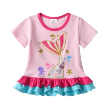 Imagem de Camisetas De Verão Para Meninas Com Design De Sereia Rosa Em Algodão, 