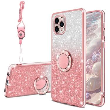 Imagem de KuDiNi Capa para iPhone 11 Pro fofa brilhante brilhante brilhante fina TPU fina brilhante com glitter feminino capa de proteção à prova de choque com suporte de anel e alça para iPhone 11Pro 2019