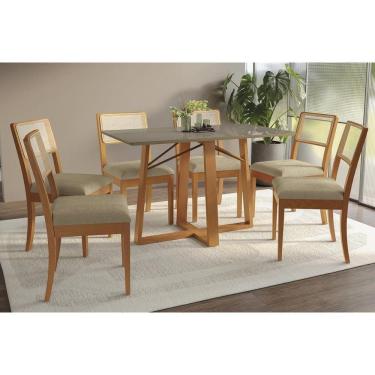 Imagem de Mesa Cozinha Elma Premium Madeira Maciça c/ Tampo Madeirado c/ Vidro 160x90cm e 6 Cadeiras Lola Carvalho/Freijo Bronze - Boucle Bege-Kappesberg