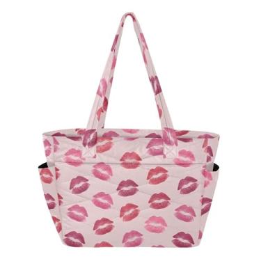 Imagem de Burbuja Bolsa feminina com lábio vermelho, bolsa de mão acolchoada leve com bolsos para viagem, escola, trabalho, academia