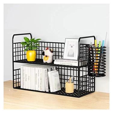 Imagem de Armário de arquivo organizador de mesa de 2 camadas com suporte de caneta, estante de mesa, organizador de mesa de escritório, prateleira de pé livre, suporte de impressora com acabamento em pó preto
