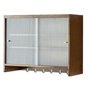 Imagem de Armário de cozinha independente multicamadas - Armário de parede de madeira para sala de estar, armazenamento flutuante com porta deslizante e ganchos - Organizador e decoração de casa elegante