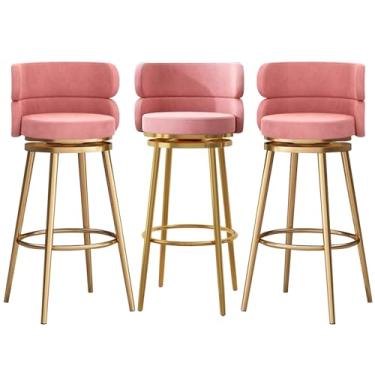 Imagem de Conjunto de 3 bancos de bar estofados, cadeiras giratórias para café da manhã com 65 cm de altura, bancos de cozinha com encosto alto, apoio para os pés de metal preto, rosa