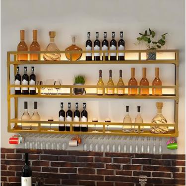 Imagem de Rack de vinho industrial montado na parede com luz LED - Prateleiras de barra de metal de 3 camadas para garrafas e copos de bebidas - Suporte de vinho flutuante para casa e cozinha (ouro, 100 x 25 x