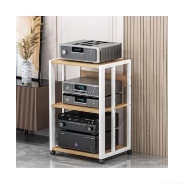 Imagem de Prateleiras modernas de áudio e vídeo, suporte estéreo AV com prateleiras de armazenamento abertas, gabinete componente para casa, sala de gravação, escritório e teatro (branco, 50 x 40 x 109 cm)