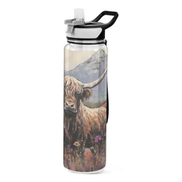 Imagem de Burbuja Garrafa de água Highland Cow Painting de 940 ml com tampa de palha, à prova de vazamento e livre de BPA para academia, esportes ao ar livre
